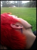 üniversite çimlerine uzanmış kızıl saçlı öğrenci